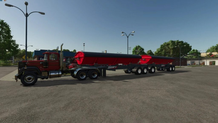 fs25-mods, FS25 mod: Red tanker truck with an attached long, cylindrical red and black trailer, parked in an open lot with trees and streetlights in the background.