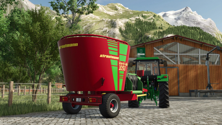 fs25-mods,  Farming Simulator 25 mod featuring Strautmann Verti-Mix 1050 on a farm with mountains in the background.