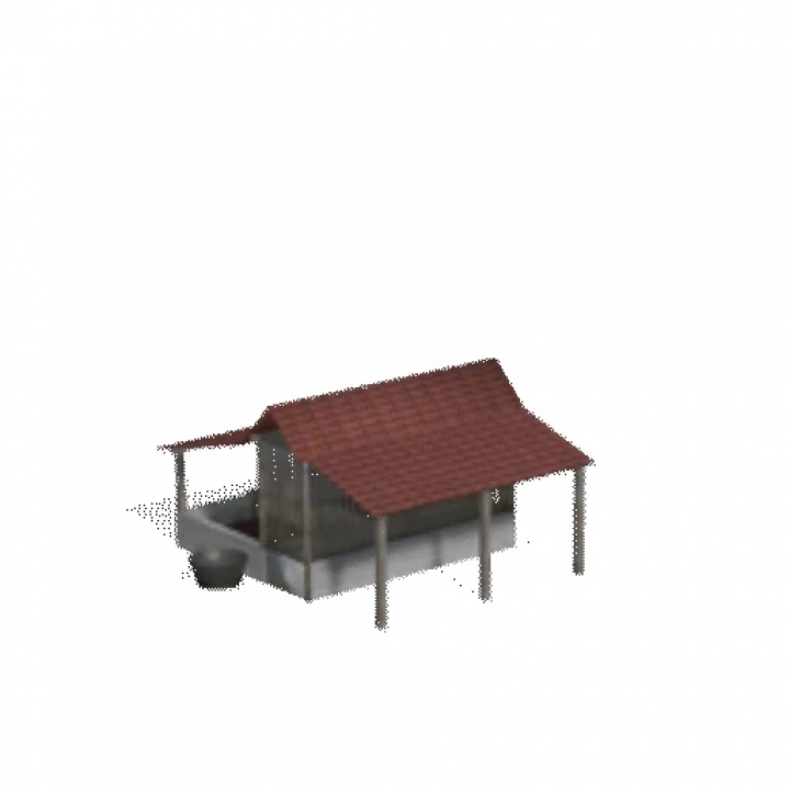 fs25-mods, Farming Simulator 25 mod: pigsty with corn storage, featuring a red-tiled roof and raised structure for pigs.