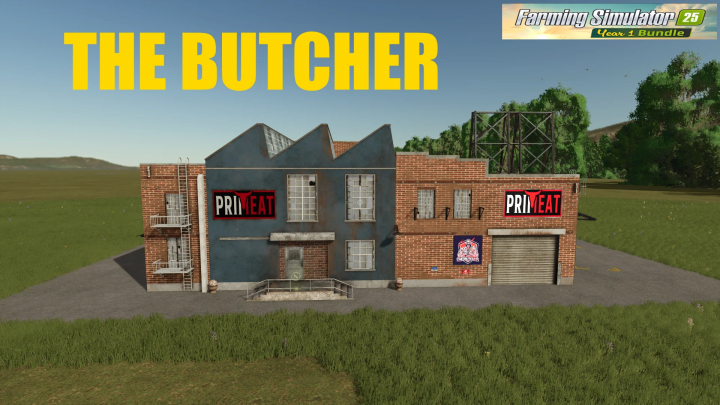 fs25-mods,  Building mod titled 'The Butcher' for Farming Simulator 25, featuring a brick and industrial style structure with signage.