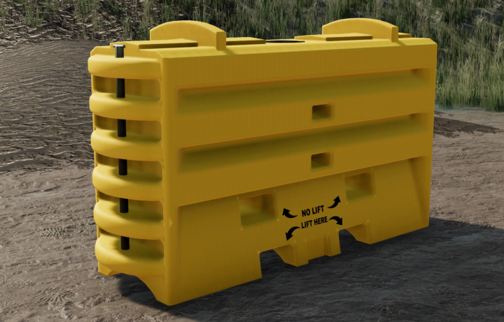 fs22-mods, Yellow traffic complement from Farming Simulator 22 mods, labeled 'Traffix Attenuator Sleds v1.0.0.0', on a dirt road with grass background.