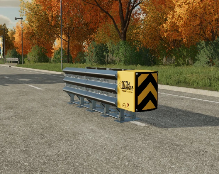 fs22-mods, In-game image of the Traffix SLED and Delta TL-3 road safety barrier mod from Farming Simulator 22, set on a street with autumn trees in the background.