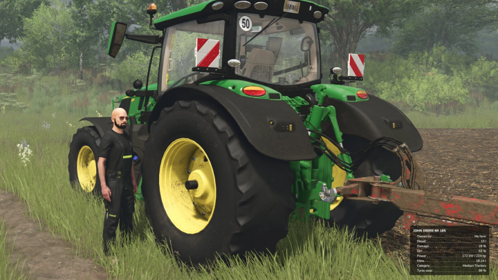 fs25-mods, Farming Simulator 25 mod screenshot featuring a John Deere 6R 185 tractor with a mechanic standing beside it in a rural field.