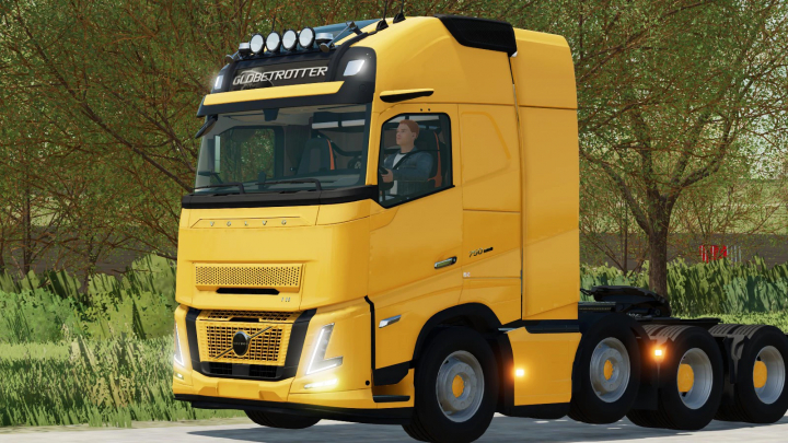 fs22-mods, Yellow Volvo FH16 truck mod from Farming Simulator 22 with detailed cab and lighting, for realistic gameplay.