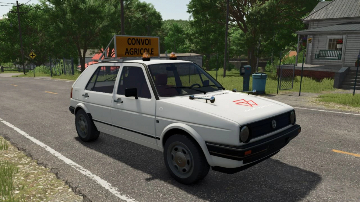 fs25-mods, FS25 mod: Volkswagen Golf II GL Edit v1.0.0.0 with agricultural convoy sign, featured in Farming Simulator 25.