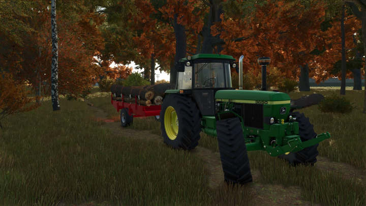 fs25-mods, Farming Simulator 25 mods featuring a John Deere 3650 tractor pulling a logs trailer in autumn forest.
