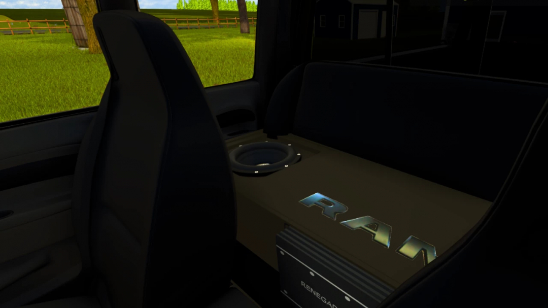 Interior of a truck in Farming Simulator 25 with a custom RAM logo on the dashboard, part of FS25 mods.