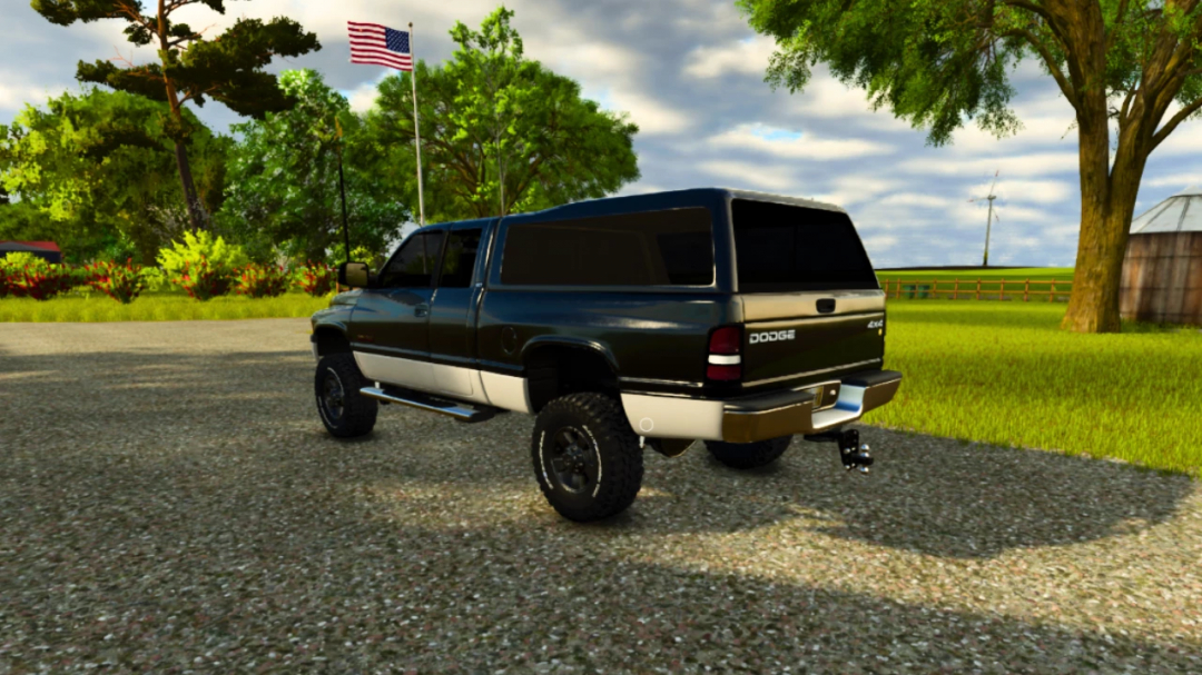 Farming Simulator 25 mod featuring a black and white Dodge Ram 2500 Club Cab in a rural setting.