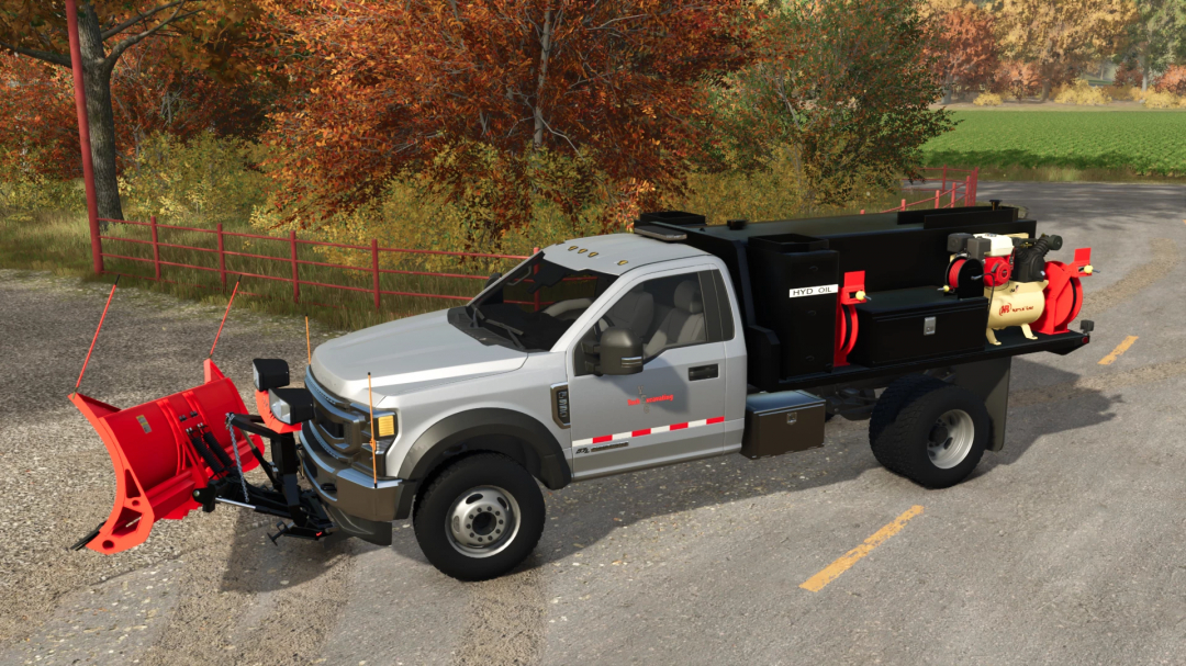 FS25 mod truck with snow plow and equipment, used for fuel and lube services in Farming Simulator 25.