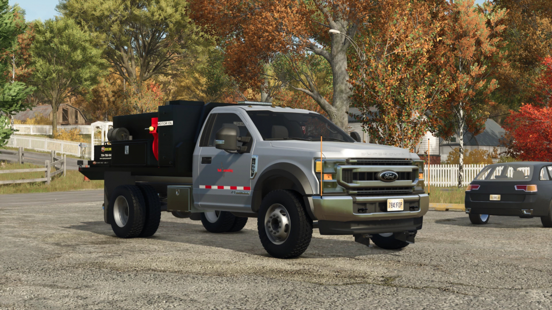 Farming Simulator 25 mods: Ford F550 fuel and lube service truck in autumn setting, part of FS25 mods collection.