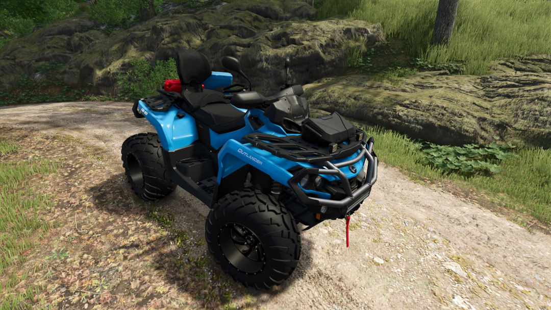 FS25 mod: Blue Can-Am Outlander 1000 ATV with off-road tires and front bumper, on a dirt path in Farming Simulator 25.