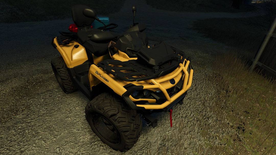 Farming Simulator 25 mod: 2022 Can-Am Outlander 1000 ATV in the game, shown on a dirt path at night.