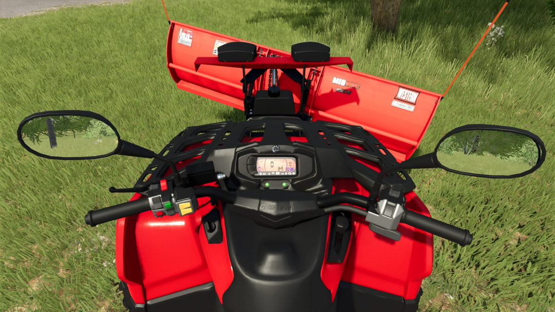 Farming Simulator 25 mod: Red Can-Am Outlander 1000 ATV viewed from the driver's perspective in a grassy field.