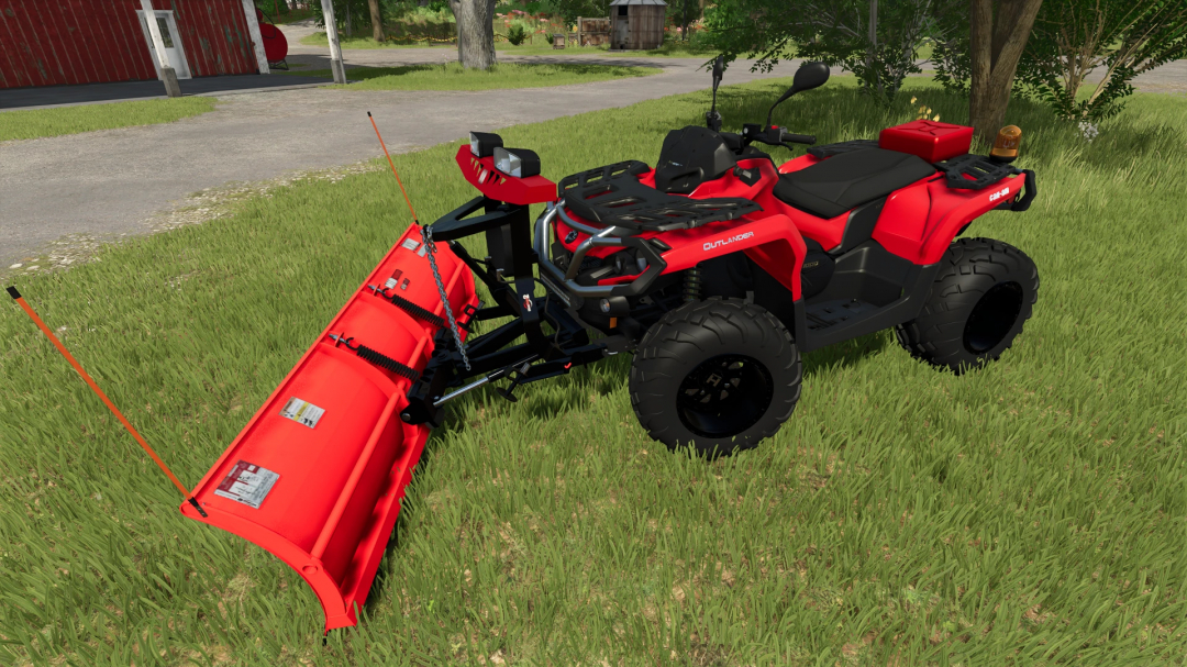 Farming Simulator 25 mod featuring a red Can-Am Outlander 1000 ATV with a snow plow attachment on grassy terrain.