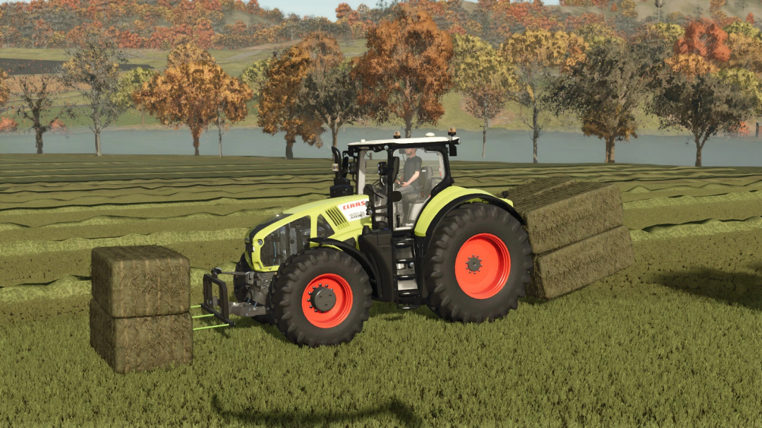 Farming Simulator 25 mod screenshot showing a CLAAS tractor with a 3 Point Bale Spike v1.0.0.0 carrying hay bales in a field.