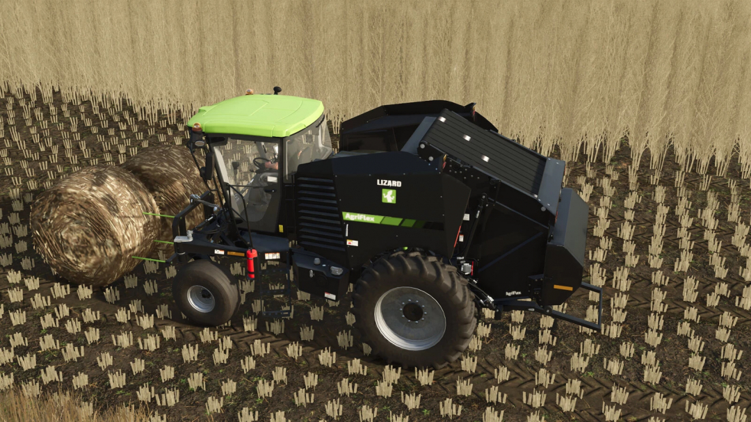 Farming Simulator 25 mod: Lizard AgriFlex round bale spike attached to a tractor in a wheat field.