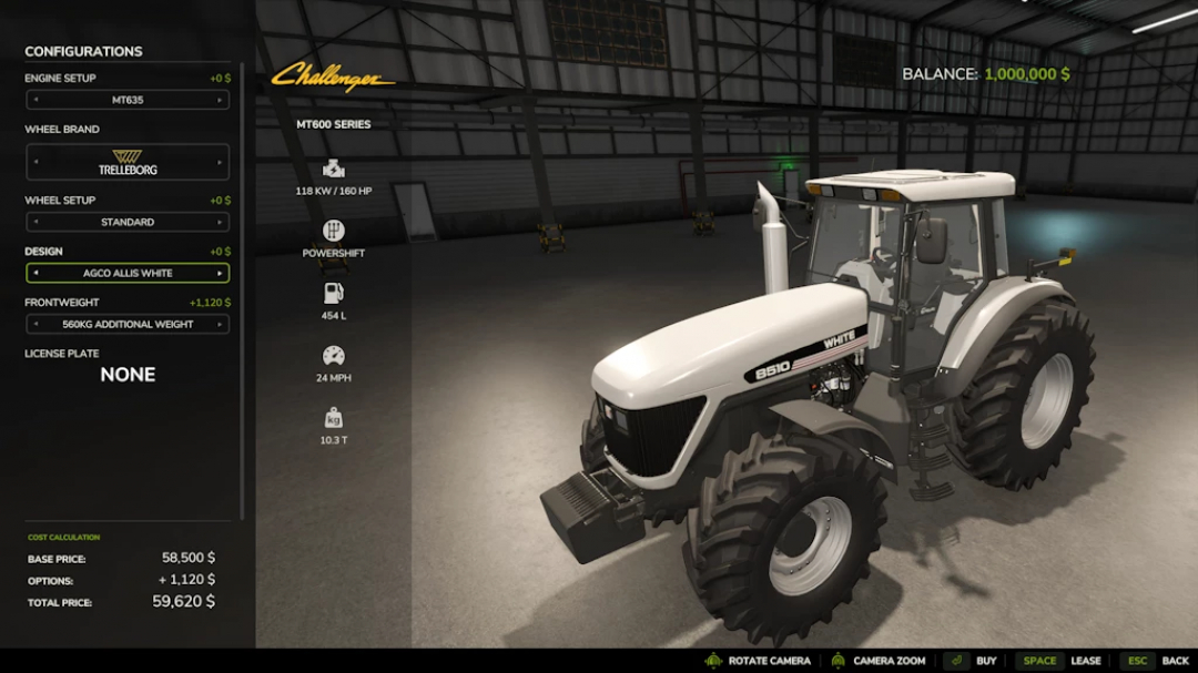 FS25 mod Agco Allis White tractor in Farming Simulator 25, customizable with engine, wheels, and design options, inside a large hangar.