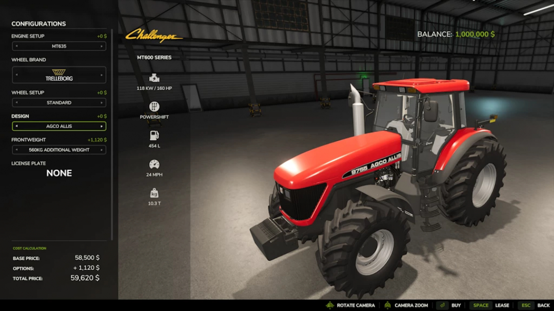 Farming Simulator 25 mod: Agco 600 tractor with detailed cabin and wheels, used for farm work in FS25.