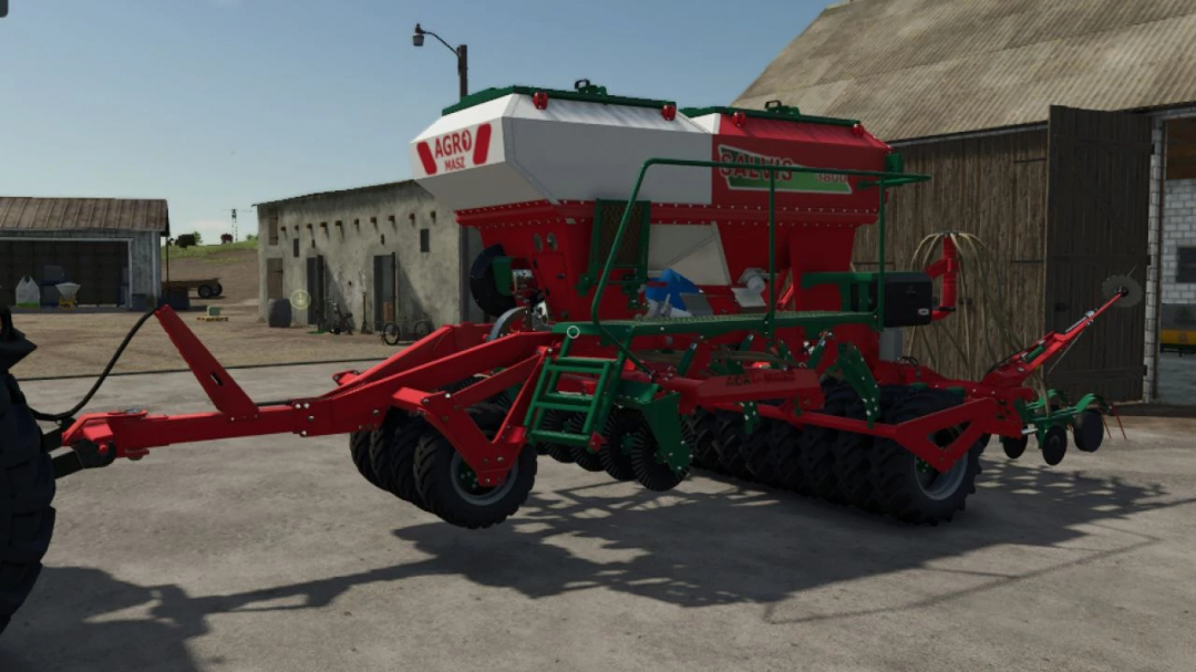 Farming Simulator 25 mod: AgroMasz Salvis 3800 seed drill machine on a farm.