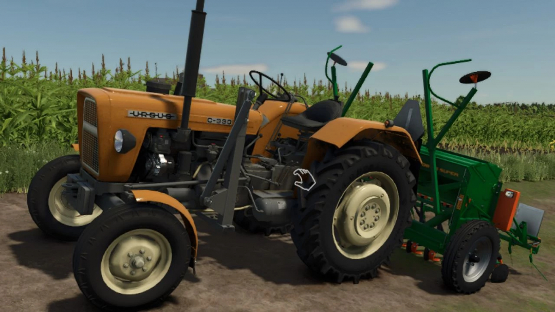 Farming Simulator 25 mod: Orange Ursus C-330 tractor with green planting equipment, realistic farming vehicle.