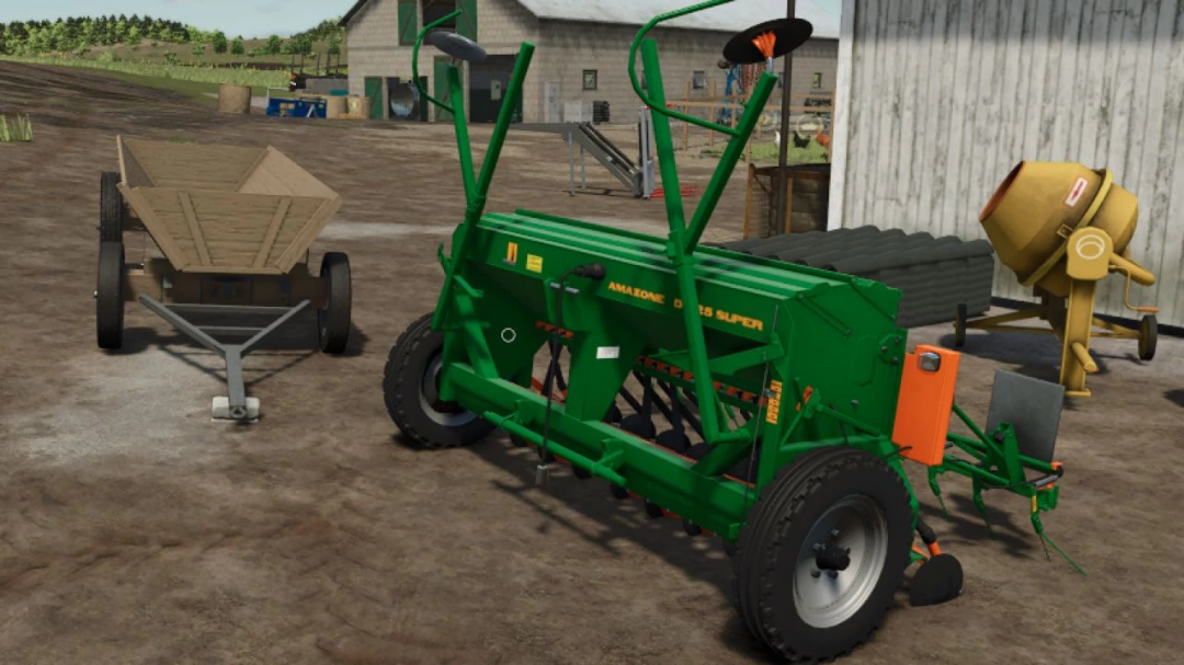 Amazone D8 25 Super v1.0.0.0 mod in Farming Simulator 25, showcasing a green seed planter on a farmyard.