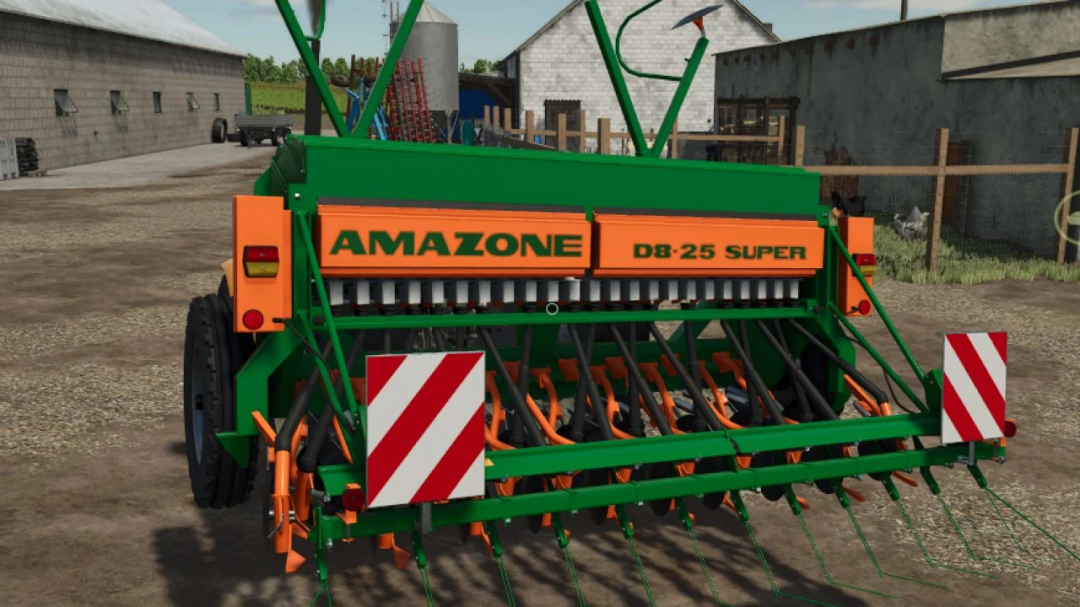 Farming Simulator 25 mod: Amazone D8 25 Super seed drill attachment, detailed and colorful in-game agricultural equipment.