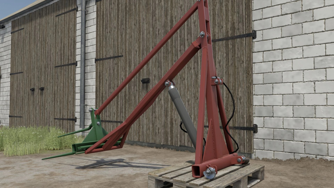 Back Lifter for tractors v1.0.0.0, a farming simulator mod, shown on a wooden pallet outside a barn with brick walls.