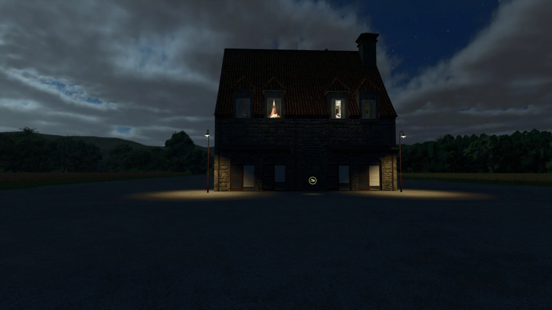 Night view of a two-story stone building with lit windows and street lamps, set in a rural landscape for Farming Simulator 25 mods.