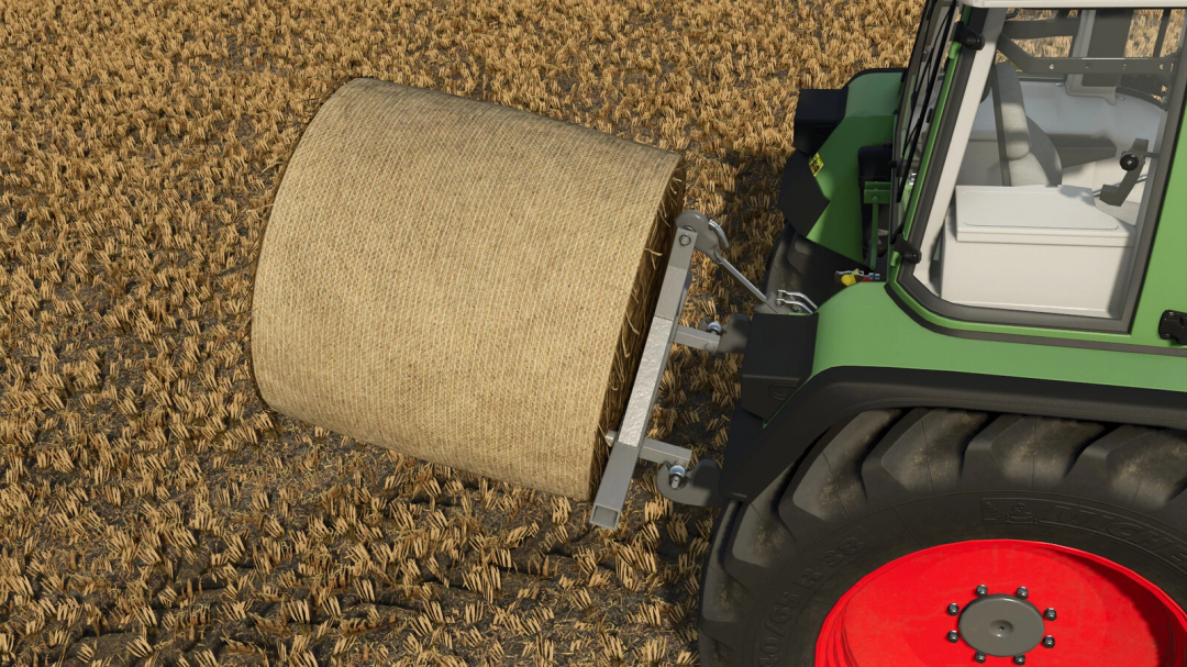Farming Simulator 25 mod image showing a tractor with a bale pitchfork attachment on a wheat field, part of the Bale Pitchfork Pack v1.0.0.0.