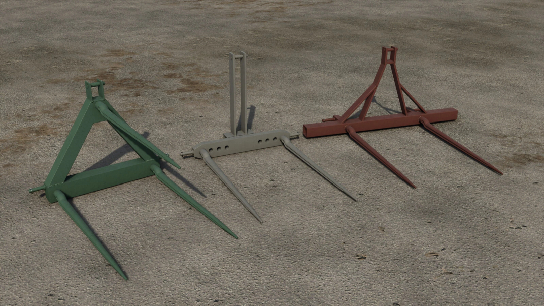 Three different colored bale pitchfork pack mods for Farming Simulator 25, used for handling hay bales. Keywords: FS25 mods, Farming Simulator 25 mods