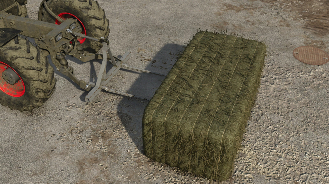 Farming Simulator 25 mod: tractor with bale pitchfork and a large hay bale in an outdoor environment.