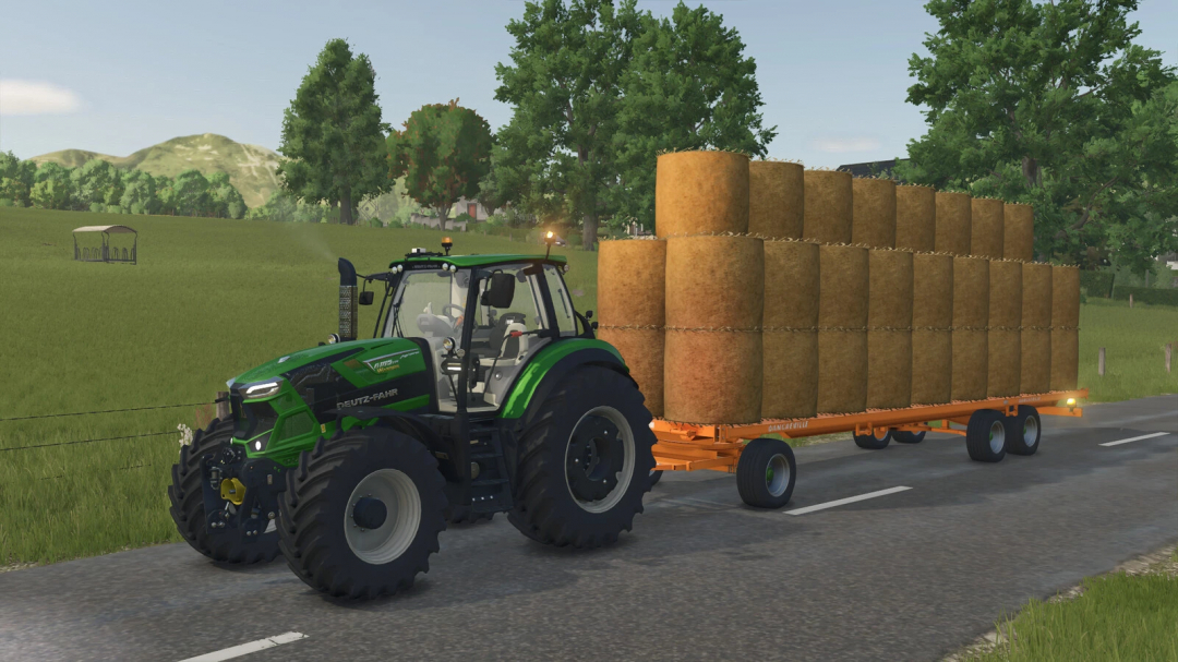 Farming Simulator 25 mod featuring a green Deutz-Fahr tractor towing a trailer loaded with hay bales, part of the Bale Trailer Dangreville v1.0.0.0 mod.