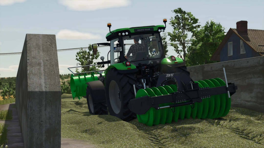 Farm equipment in Farming Simulator 25 featuring the BeTEC Silo Pack v1.0.0.1 mod, with a green Deutz-Fahr tractor on a farm field.
