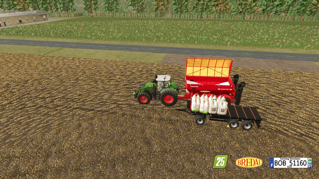 Farming simulator 25 mod showing a tractor attached to a Bredal K165 fertilizer spreader and seed bags in a field.
