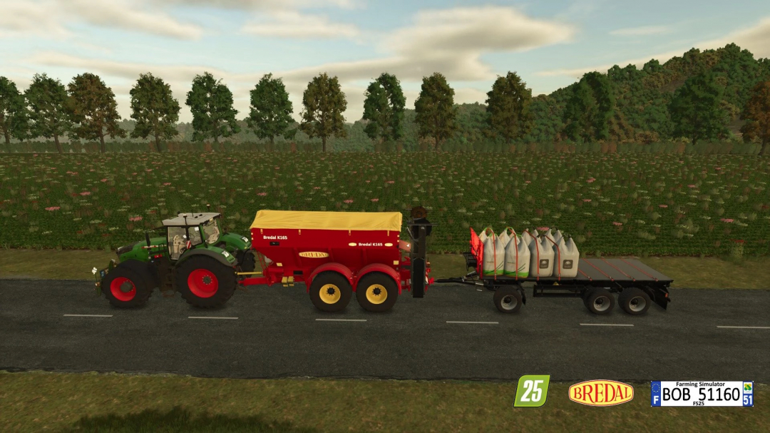 Farming Simulator 25 mod featuring a Bredal K165 fertilizer spreader attached to a tractor on a rural road.