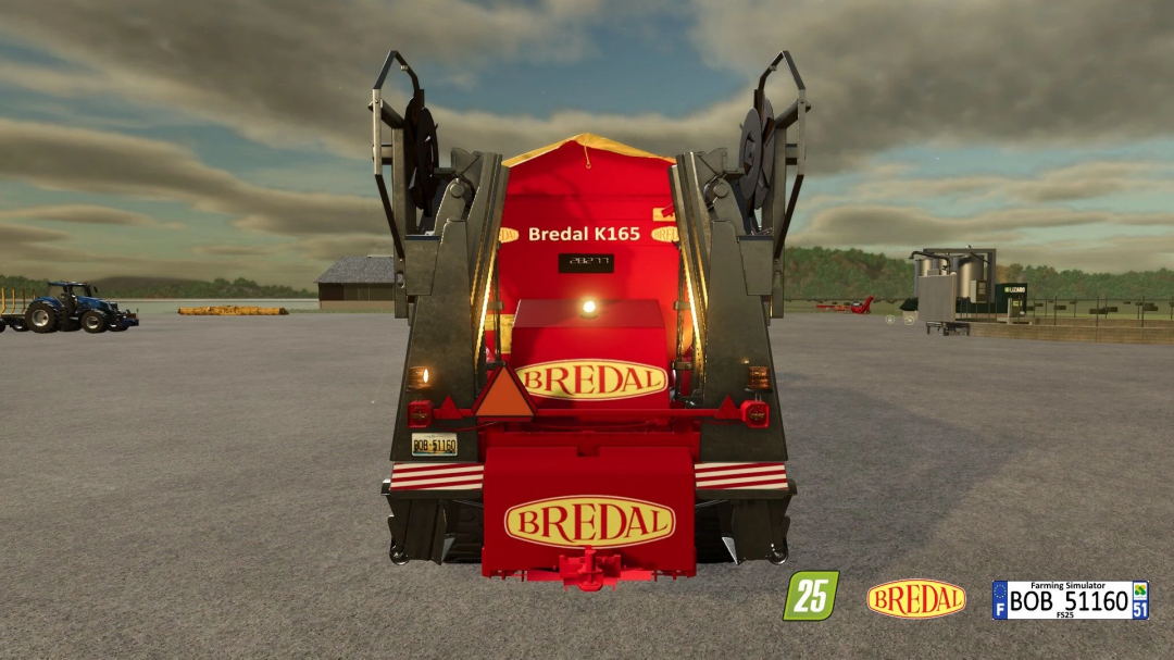 Farming Simulator 25 mod Bredal K165 tank, viewed from the rear on an airport tarmac, with BREDAL branding and tail lights visible.