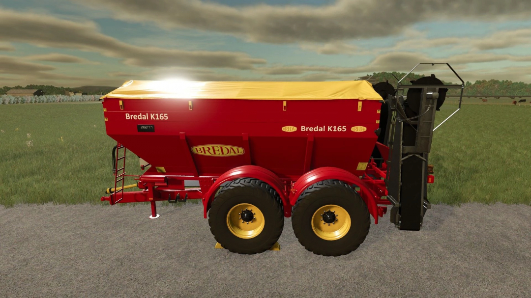 Farming Simulator 25 mod: Bredal K165 fertilizer spreader with red and yellow color, dual wheels, and detailed branding.