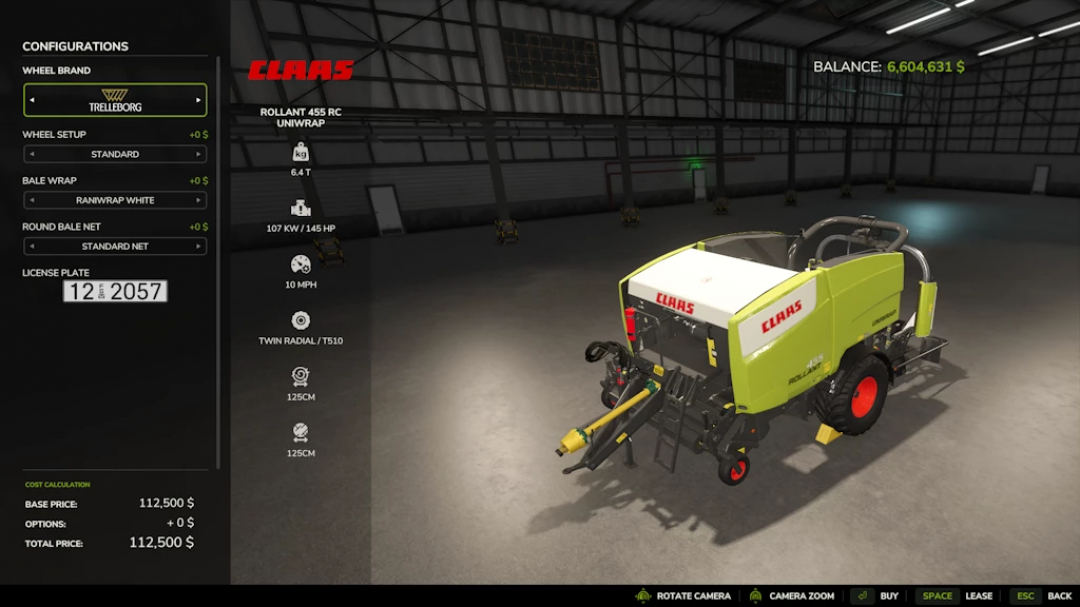 Farming Simulator 25 mod: CLAAS ROLLANT 455 UNIWRAP baler with 6.4T capacity, twin radial/T510, 107 kW/145 HP, for realistic farming gameplay.