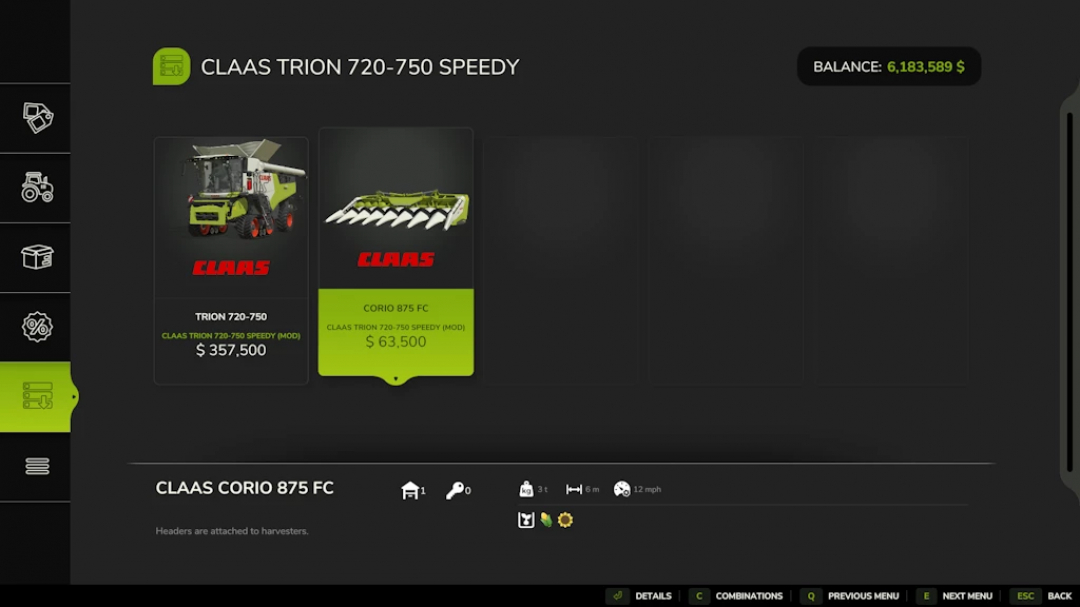 Farming Simulator 25 mod screenshot showing the CLAAS TRION 720-750 SPEEDY combine harvester and CORIO 875 FC header, with game currency and menu options.