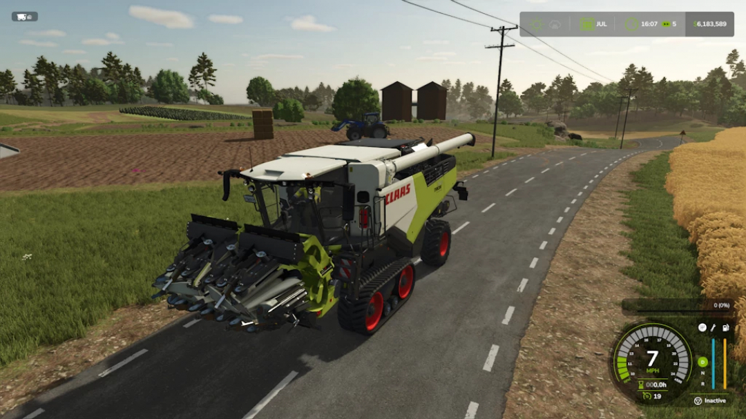 Farming Simulator 25 mod showing CLAAS TRION 720-750 Speedy in a rural landscape on the road.