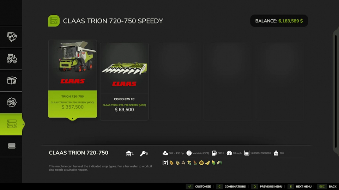 Farming Simulator 25 mod of CLAAS TRION 720-750 Speedy, a large agricultural combine harvester, with its price and features in game.