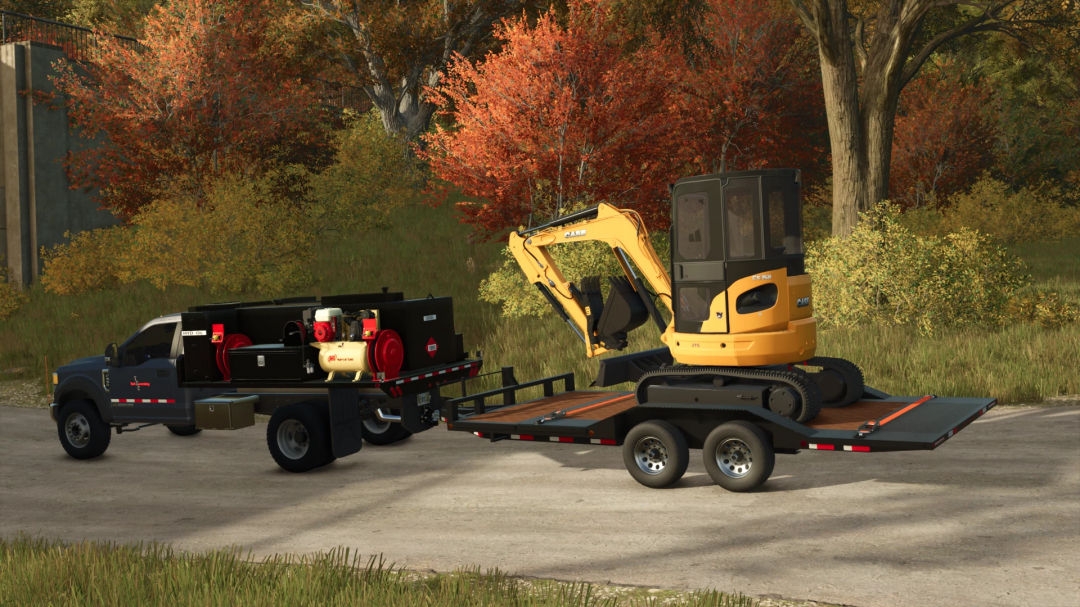 Farming Simulator 25 mod featuring a compact yellow CASE CX35 excavator on a flatbed trailer with autumn trees in the background.