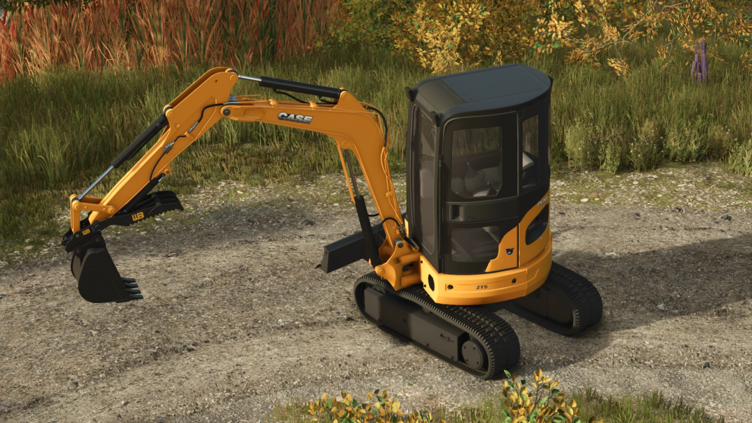 Farming Simulator 25 mod featuring a Case CX35 mini excavator with detailed cabin and rubber tracks, ideal for farming and construction tasks.