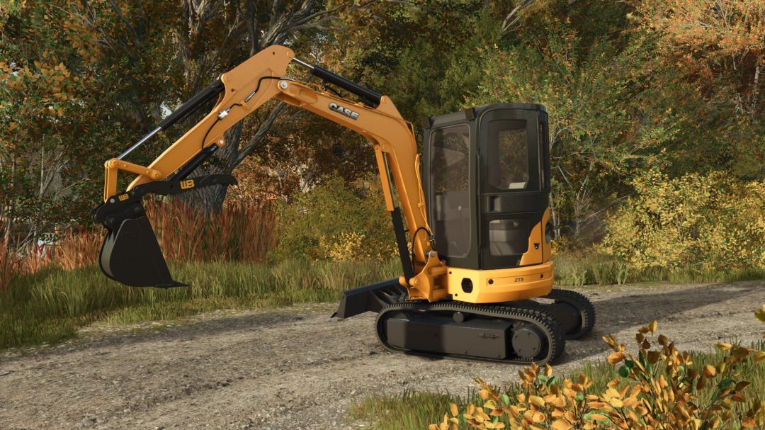Farming Simulator 25 mod featuring a Case CX35 mini excavator on a dirt path with autumn foliage. Compatible with FS25 mods.
