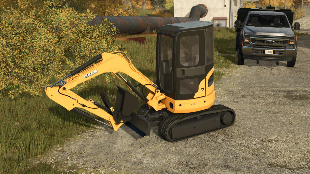 Farming Simulator 25 mod: Case CX35 mini excavator on a dirt path with a Ford truck in the background, showcasing detailed FS25 mods.
