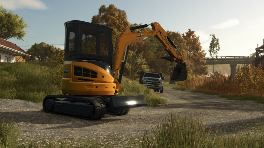 Farming Simulator 25 mod featuring the Case CX35 mini excavator on a rural dirt road, ideal for farming and construction tasks.
