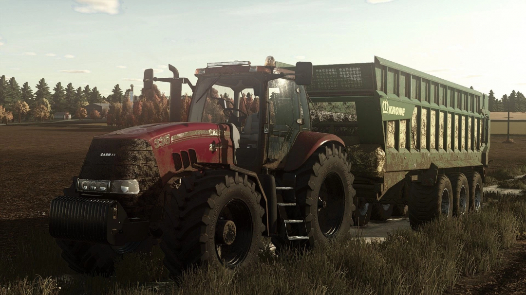 Farming Simulator 25 mod: Case IH Magnum 2007/8 Series tractor with a Krone trailer, realistic farming equipment in a rural field.
