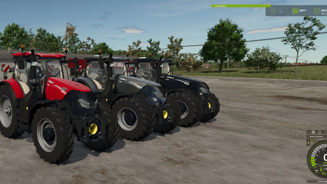 Farming Simulator 25 mods: Group of Case IH tractors with different models on a farm yard for FS25 mods.