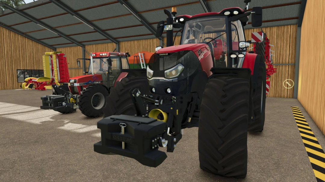 Farming Simulator 25 mods: Red Case IH tractor with front loader attachment inside a farm workshop.