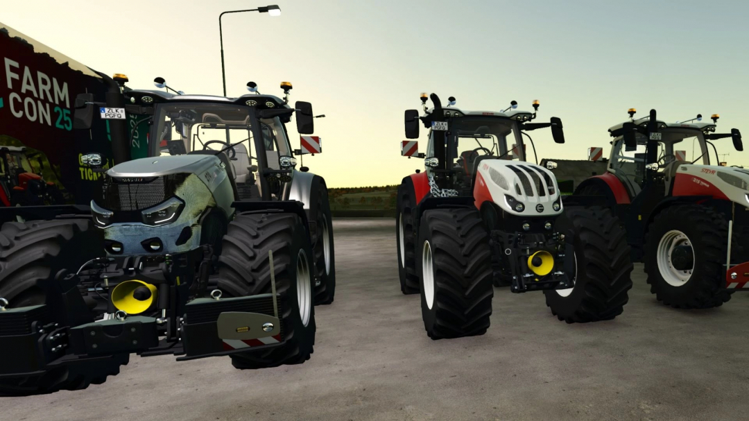 Farming Simulator 25 mods featuring the Case IH Optum AFS tractor in a lineup of other farming vehicles.